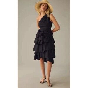 Anthropologie Midi Dress Women Black One Shoulder Tiered Preppy Cotton Sz 16 New